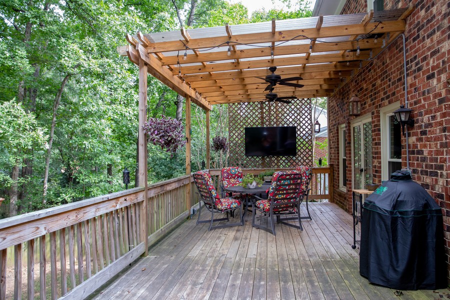 A Séura TV on a covered, outdoor wooden deck.
