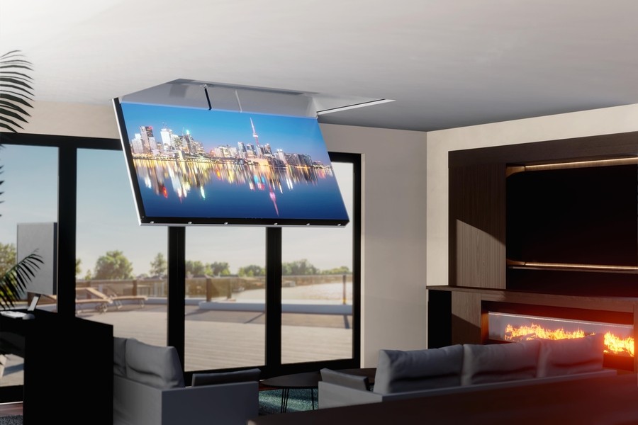 A ceiling lift lowering a flatscreen TV into a modern home.