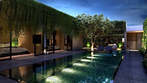 outdoor pool and seating area with landscape lighting, outdoor TV and speakers