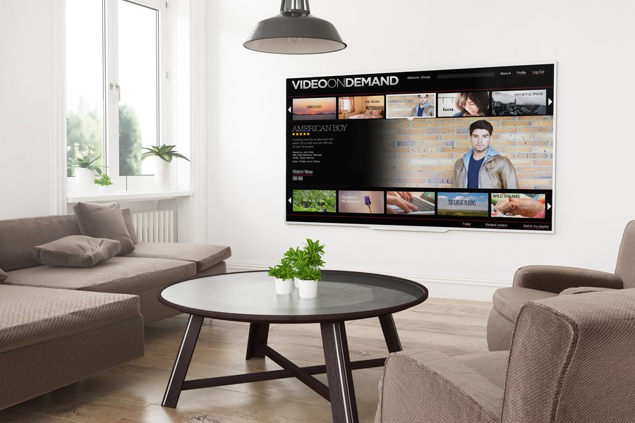A sunny media room with plants on the center table and a large TV showing the series description for American Boy
