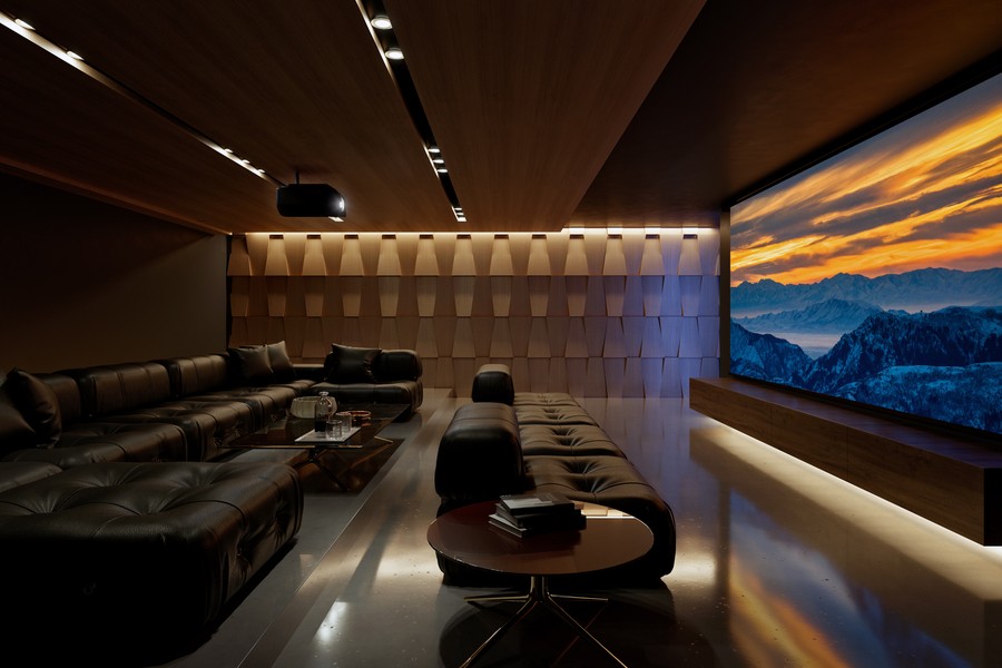Custom Las Vegas home theater with leather seating and large screen. 