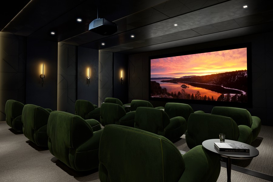 Custom Las Vegas home theater with plush seating and large screen. 